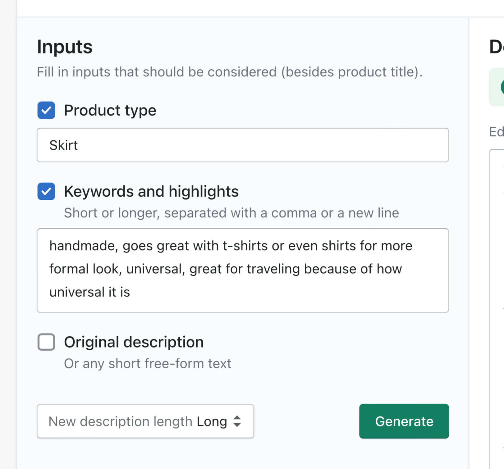 Screenshot of Copycrab app – how to add inputs to get AI generated product description