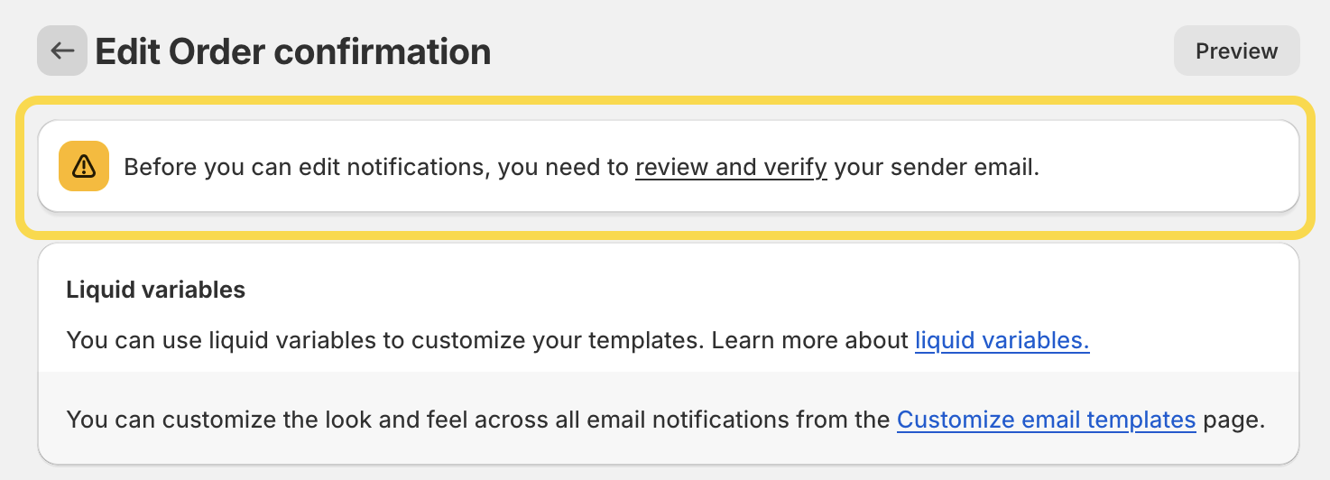 Verify your sender email to proceed with notification changes