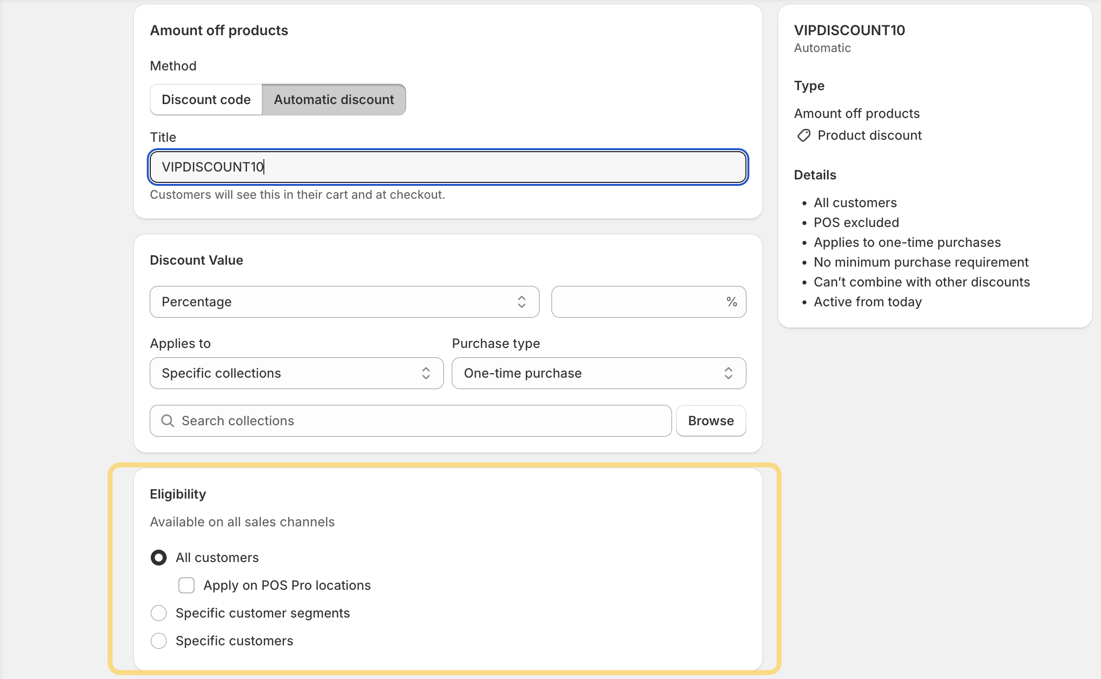 Customer eligibility for automatic discounts