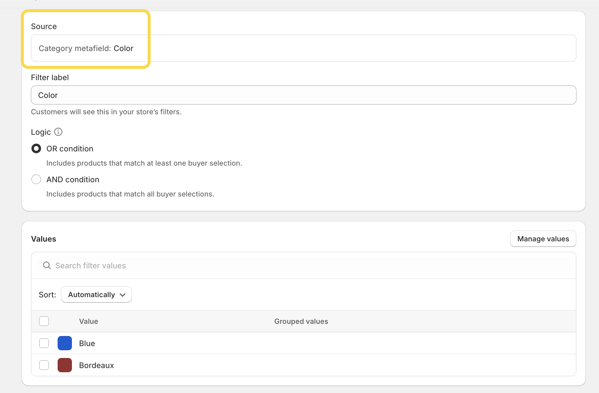 Category metafields setup for filtering products in the Search & Discovery app