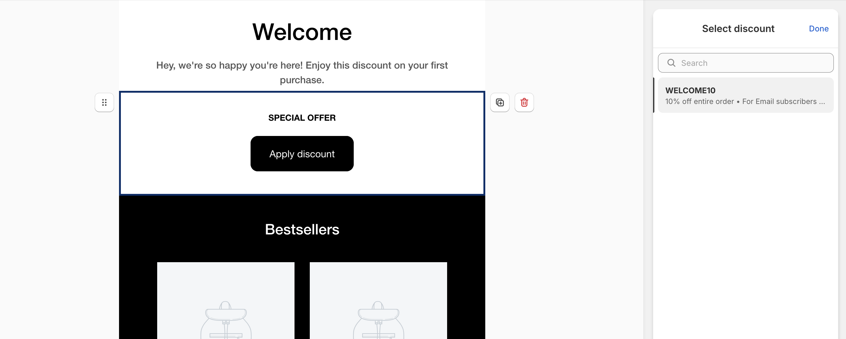 Editing a welcome email with a discount for early subscribers on Shopify