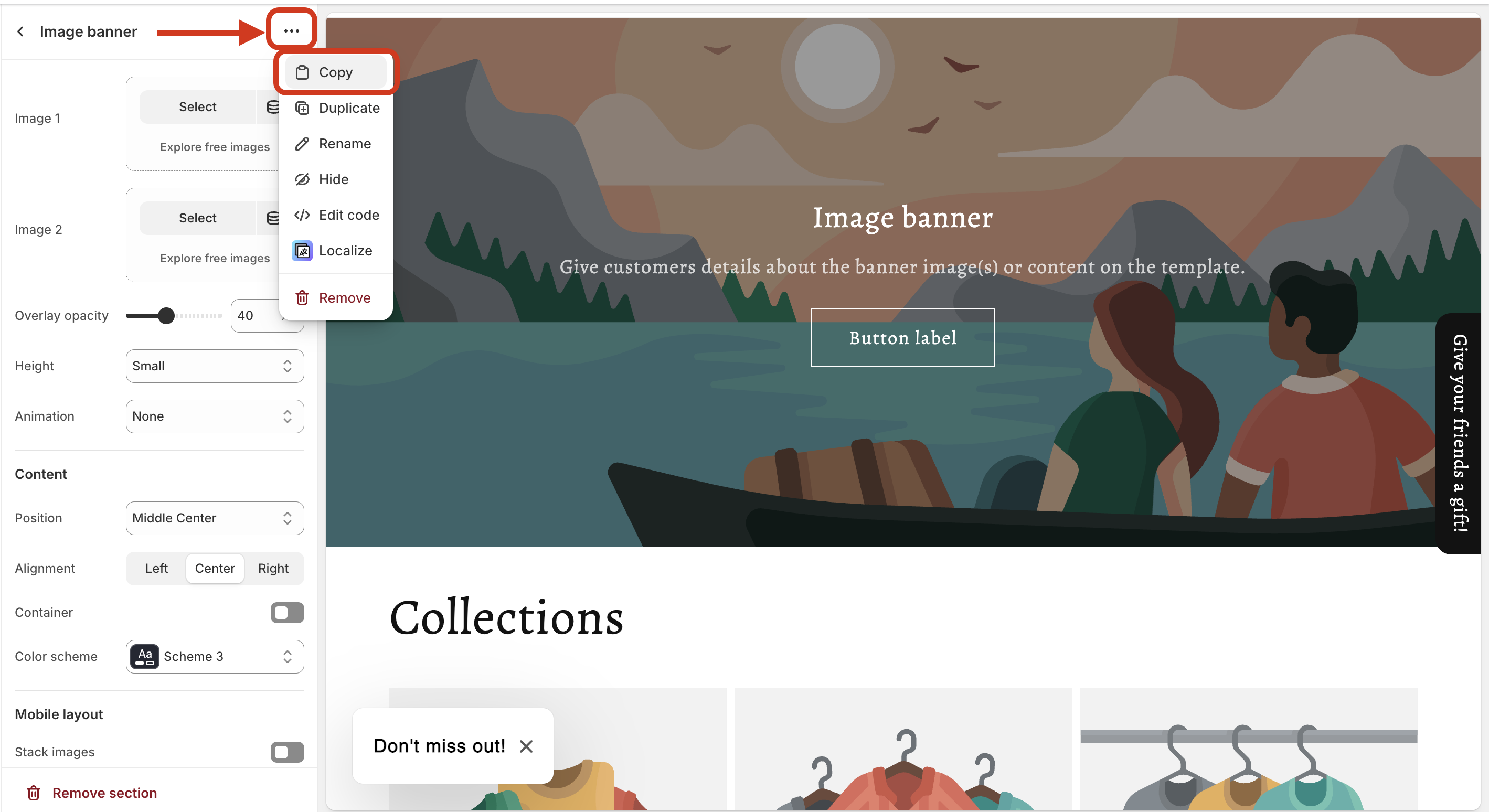 Copying a section from a template in the Theme Customizer on Shopify