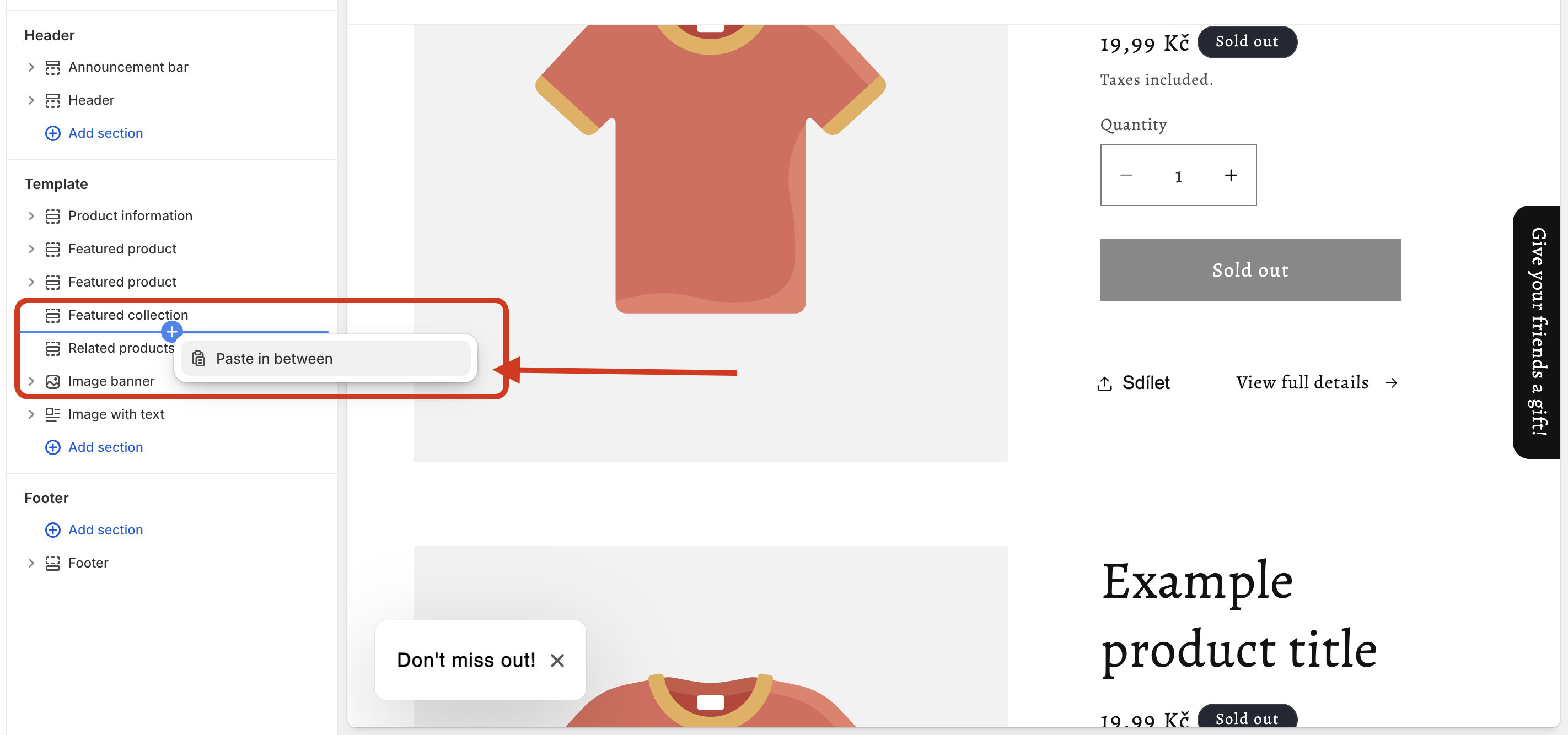 Pasting a copied section to another template in the Theme Customizer on Shopify