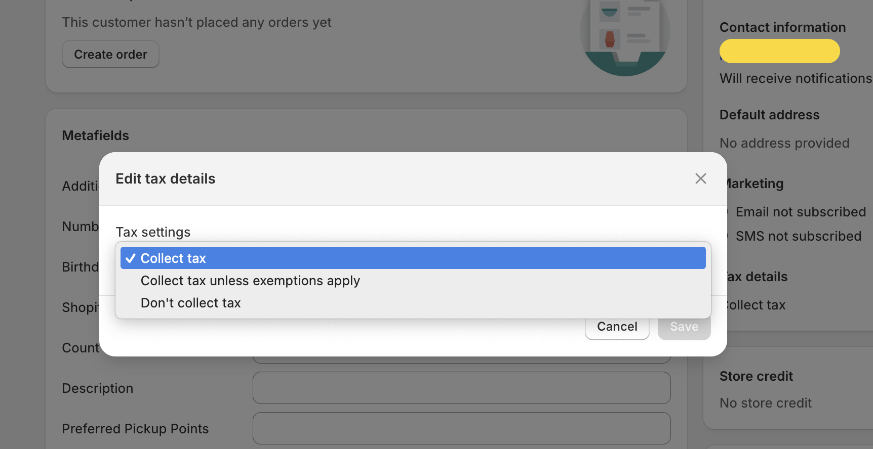 Select tax settings for a customer on Shopify