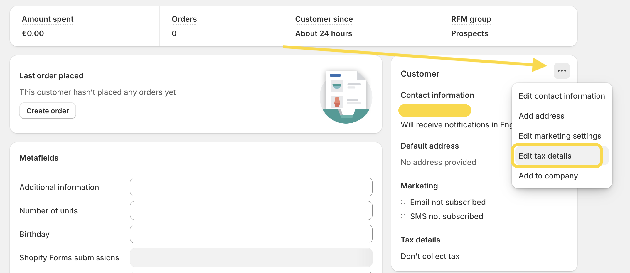 Customer details admin page in Shopify admin
