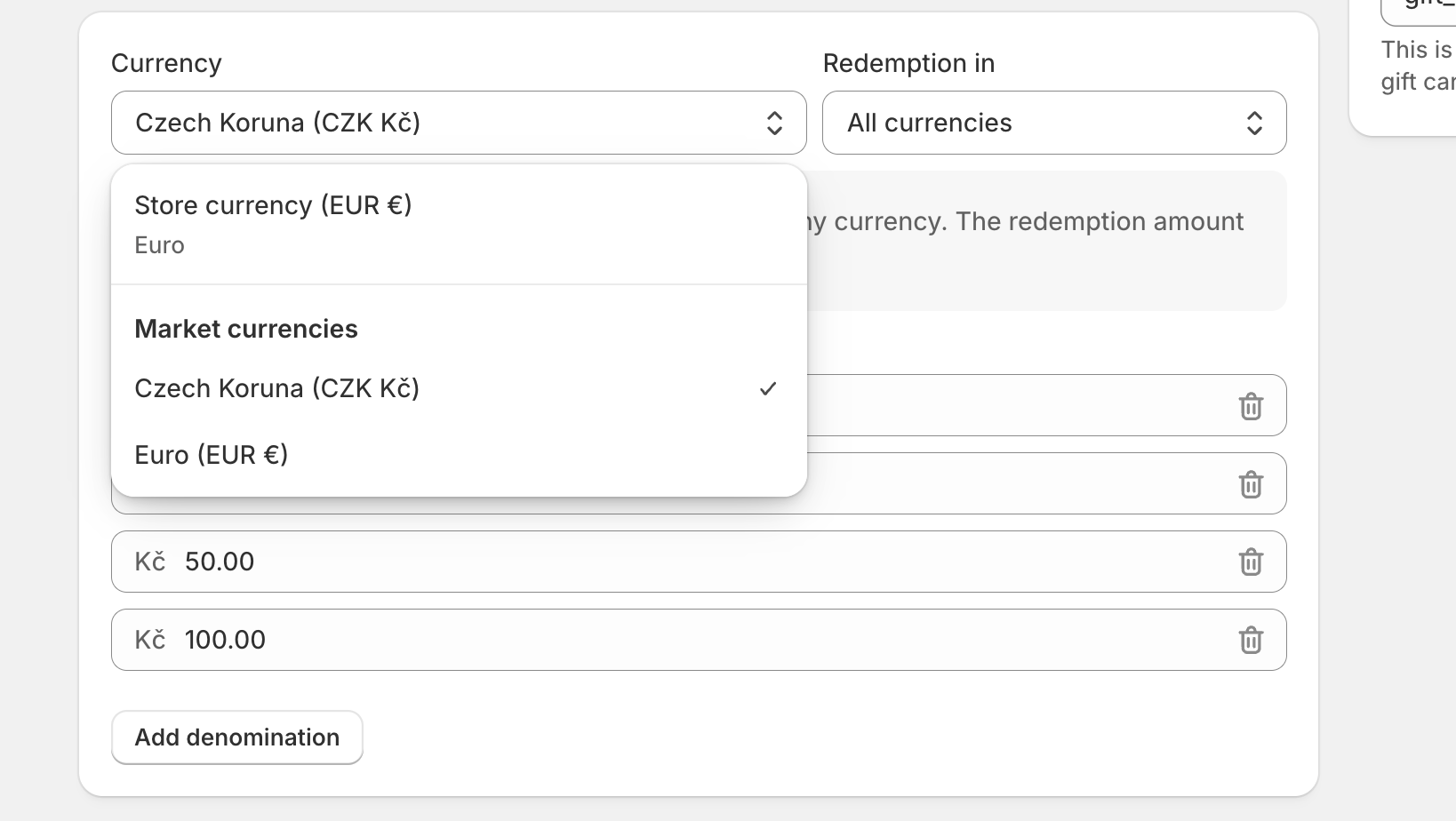 Select a currency and redemption for a gift card product