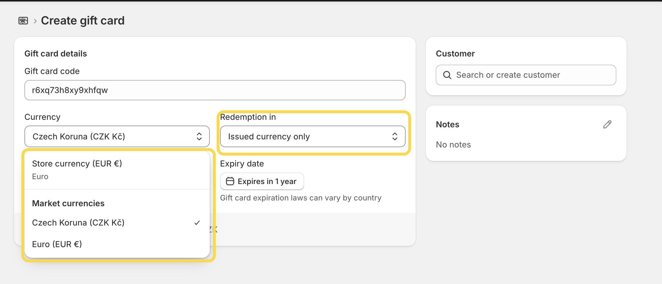 Select a currency for gift cards on Shopify