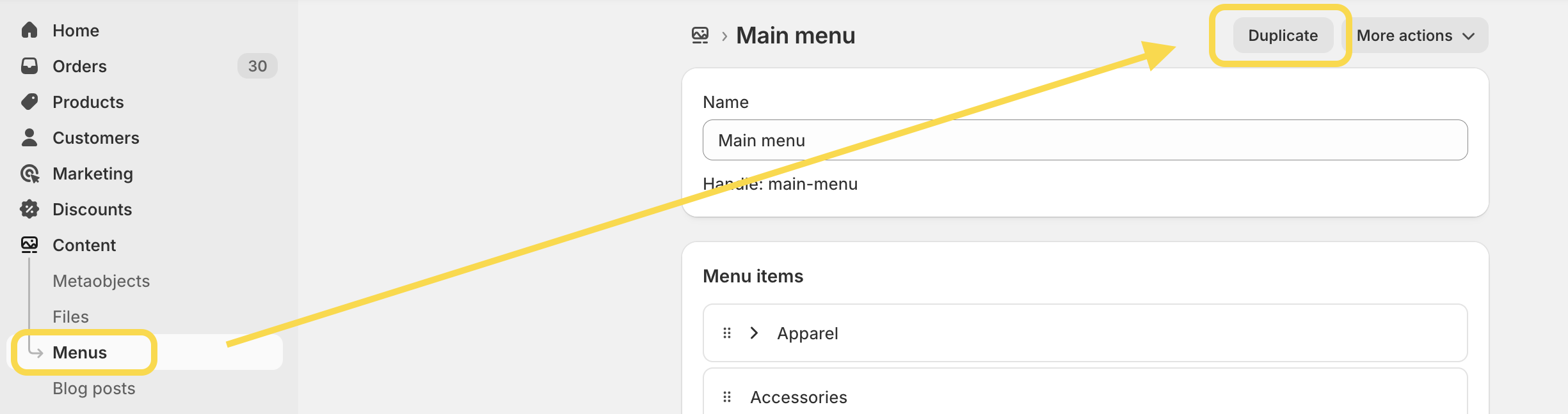 Duplicating menu in Shopify from the Shopify admin