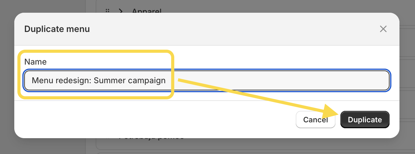 Duplicating menu in Shopify from the Shopify admin
