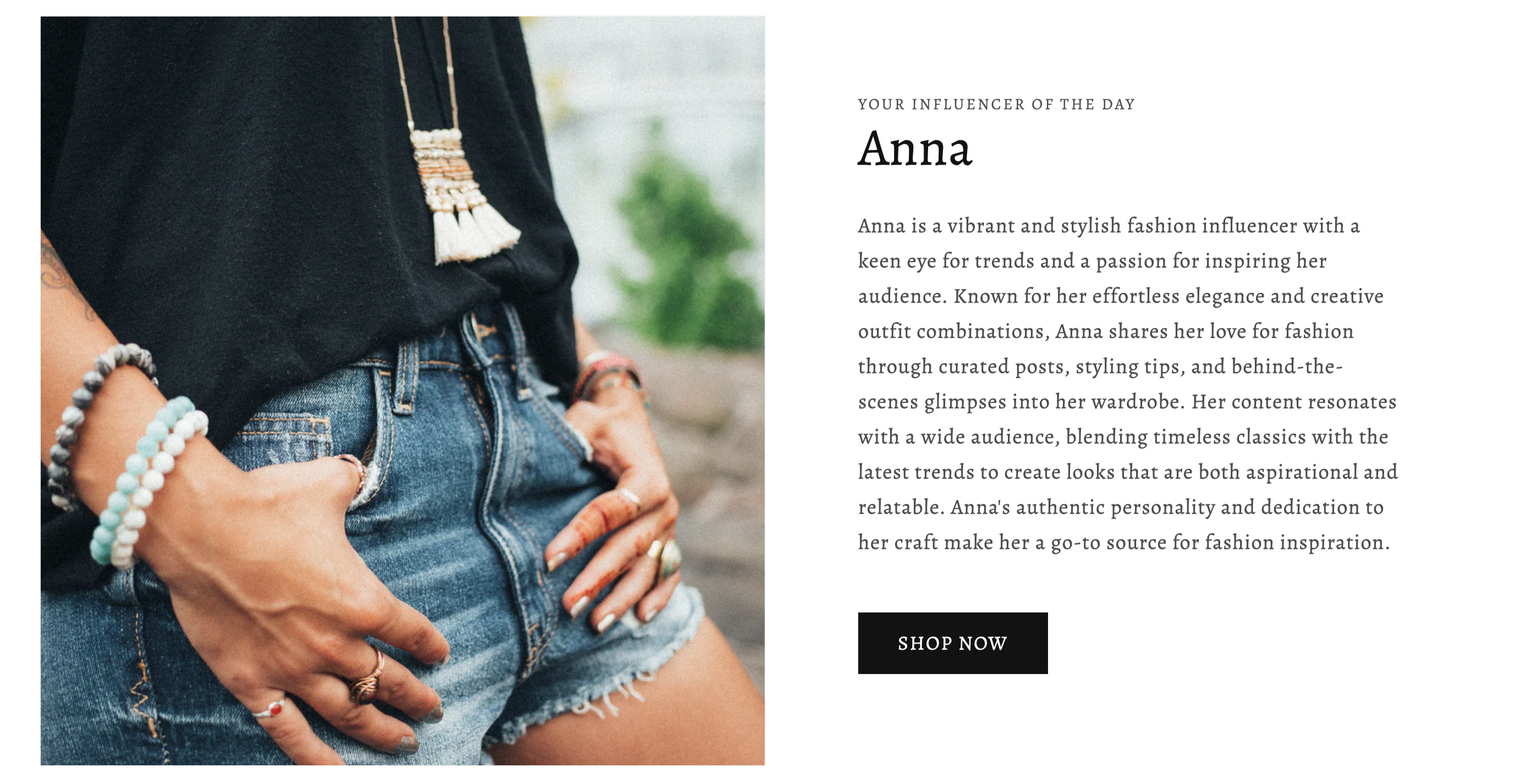 Influencer of the Day section on a homepage created using the metaobject theme setting type