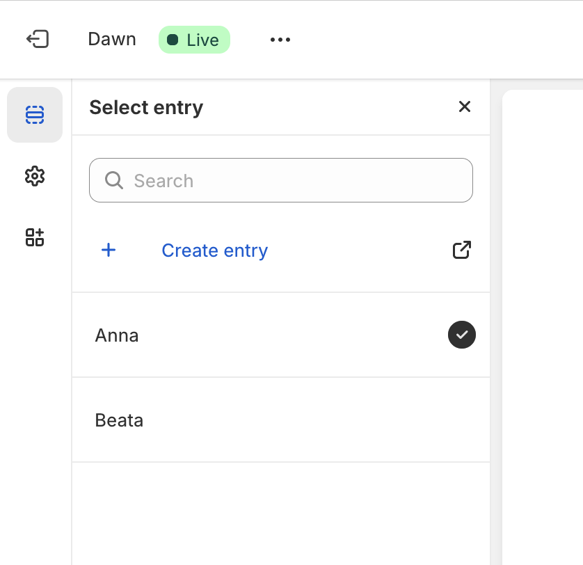 Select a metaobject entry from the theme settings