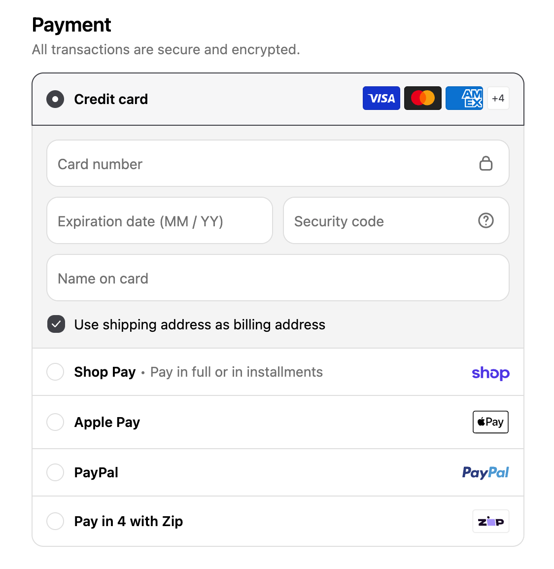 Shopify refreshes payment method design in checkout - classic simple list