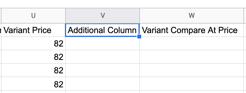 Insert a new column between the Variant Price and Variant Compare at Price columns