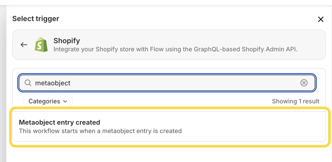 Selecting a trigger in Shopify Flow app