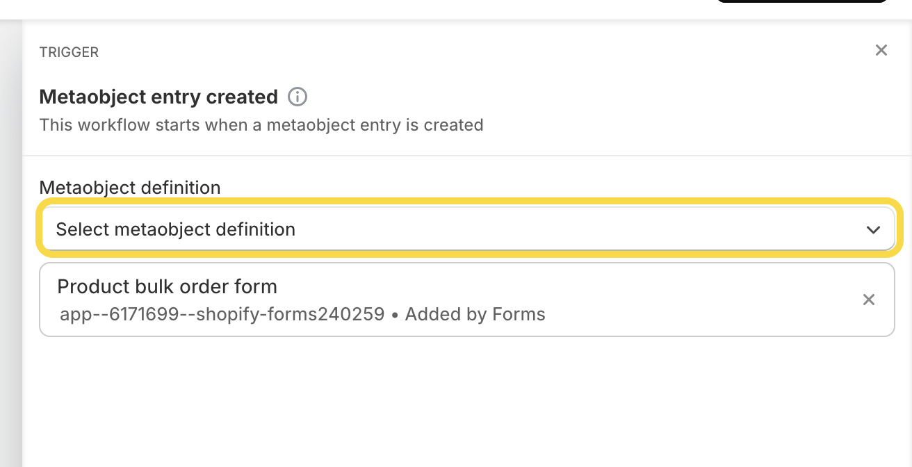 Selecting a metaboject definition when setting up a workflow through Shopify flow app