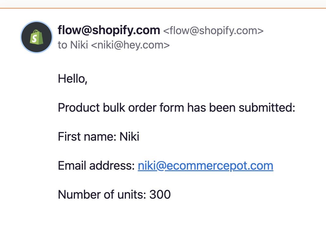 Form submission internal alert set up through Shopify flow 