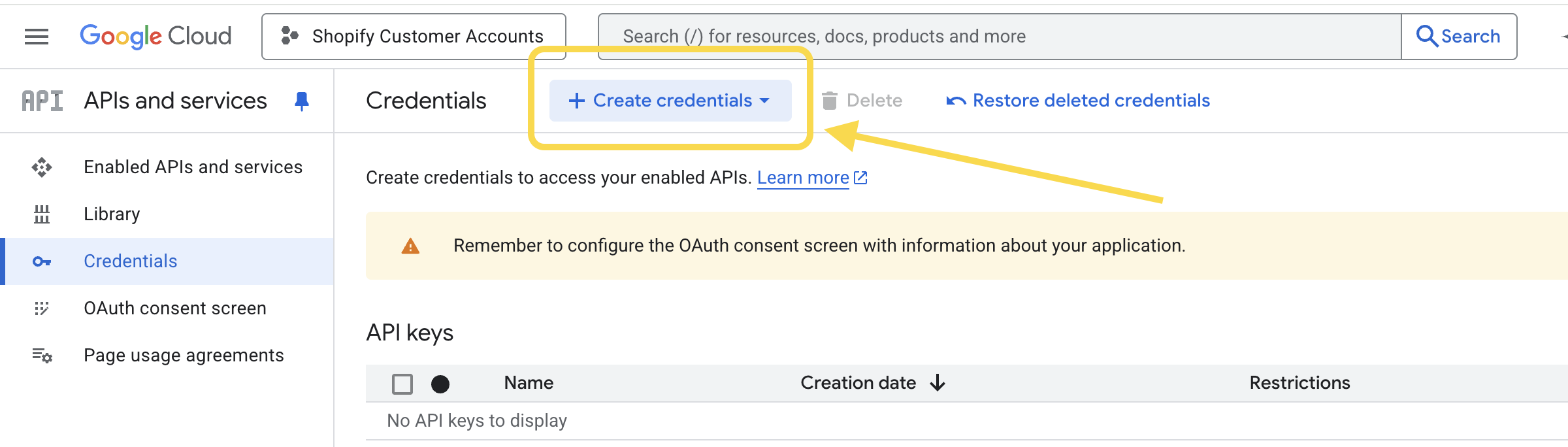 Click the blue button Create credentials
