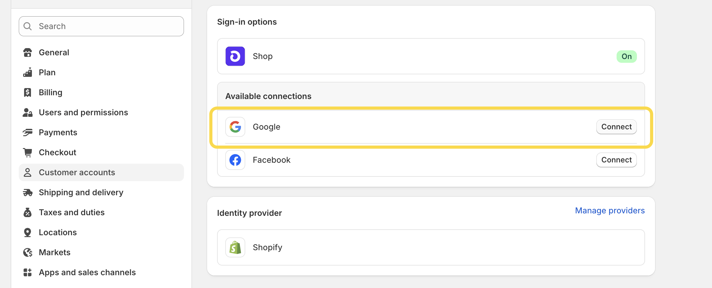 Customer accounts in Shopify - Connect Google