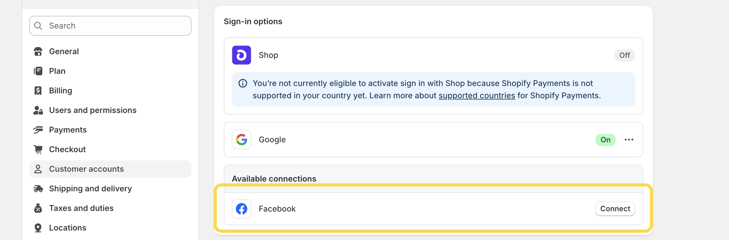 Customer accounts in Shopify - Connect Facebook