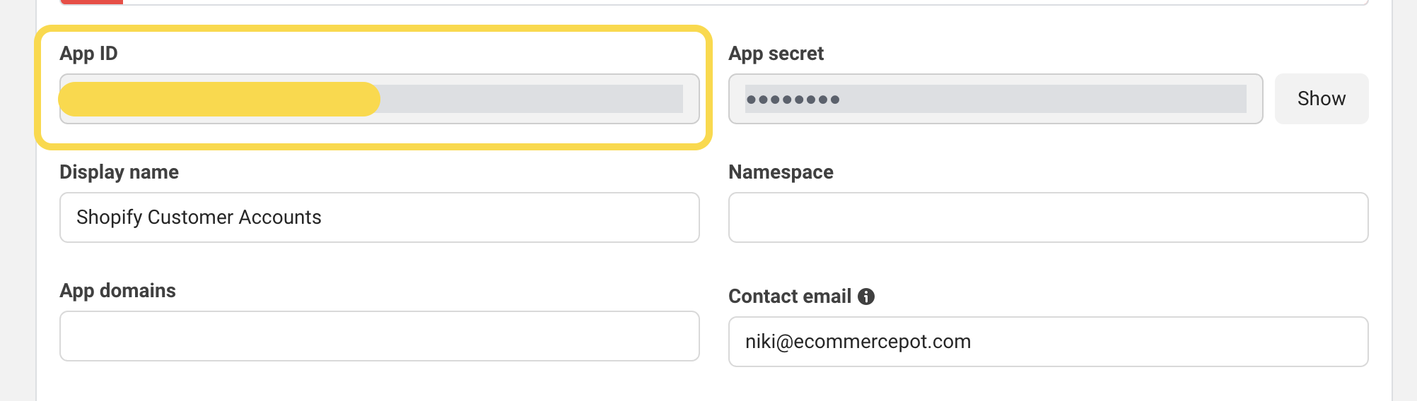 Meta app dashboard - Basic settings API ID