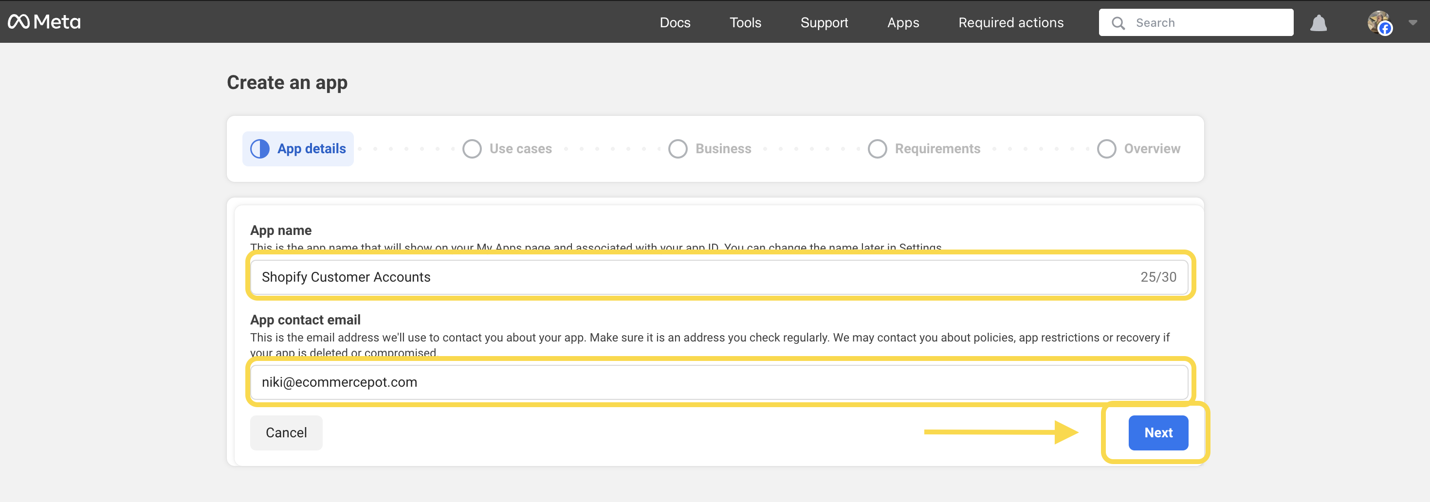 Meta - Fill in App name and the App contact email fields