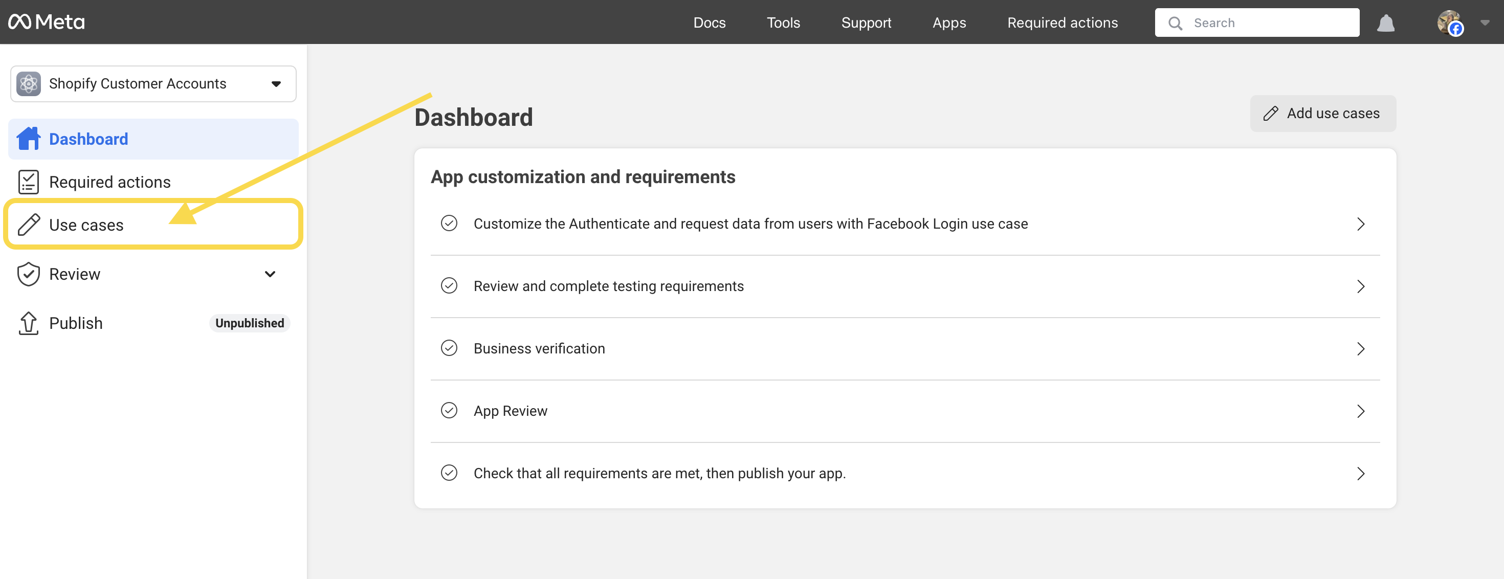 Meta - Select Use cases after creating an app
