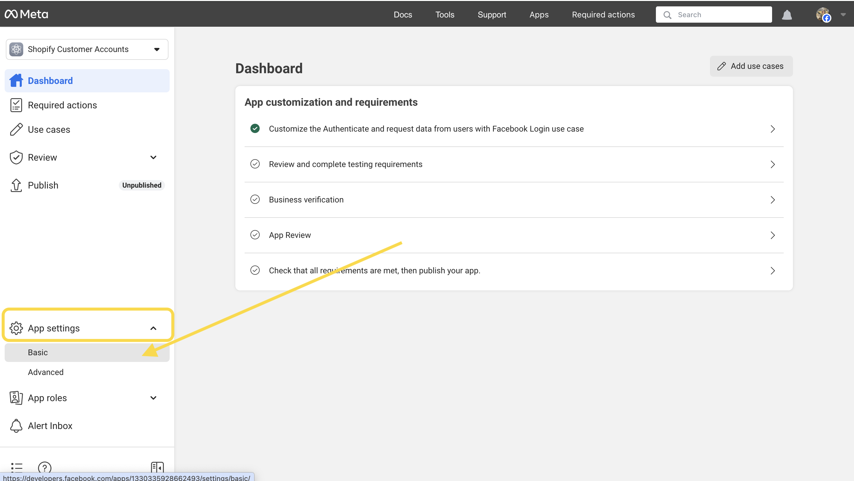 Meta app dashboard - Basic settings