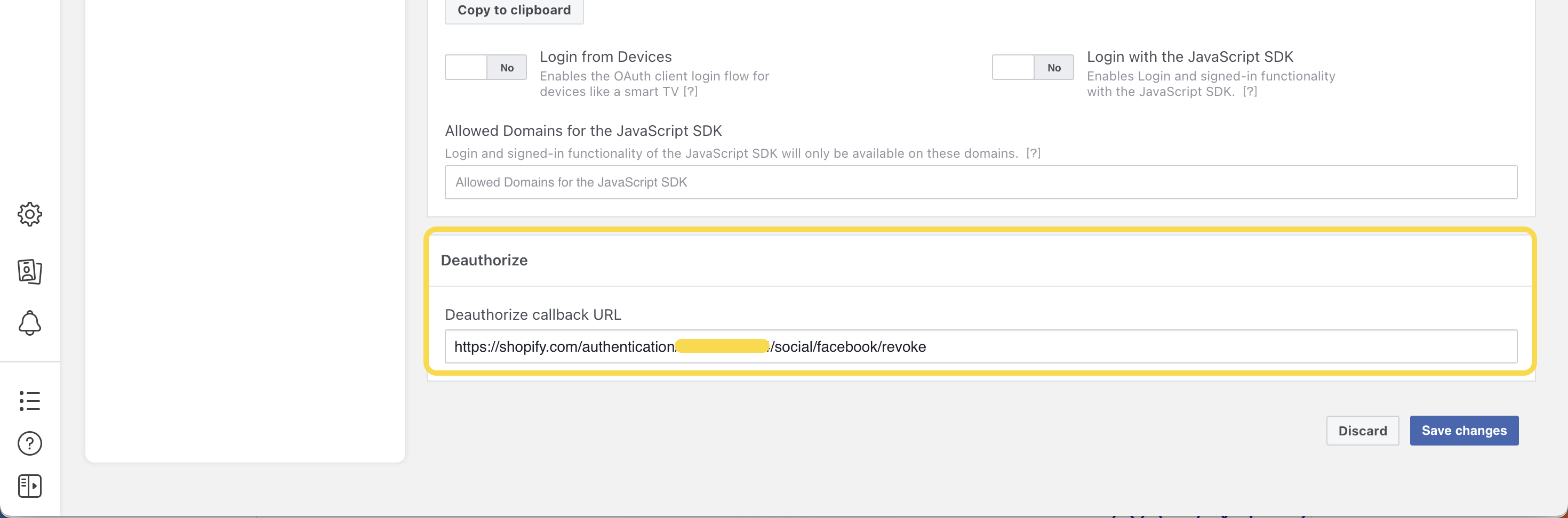 Meta app dashboard - paste the redirects Deauthorize URLS - Facebook social sign-in