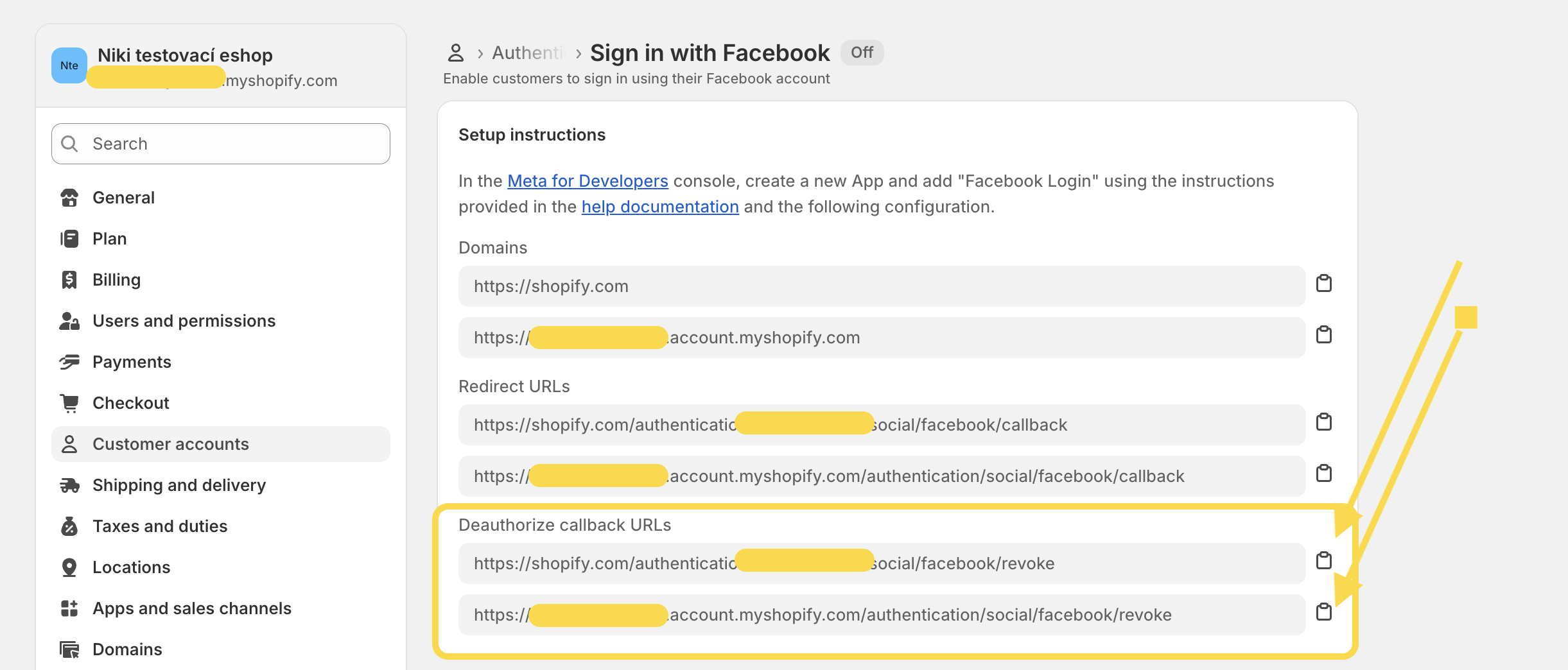 Shopify admin - copy the Deauthorize URLS - Facebook social sign-in