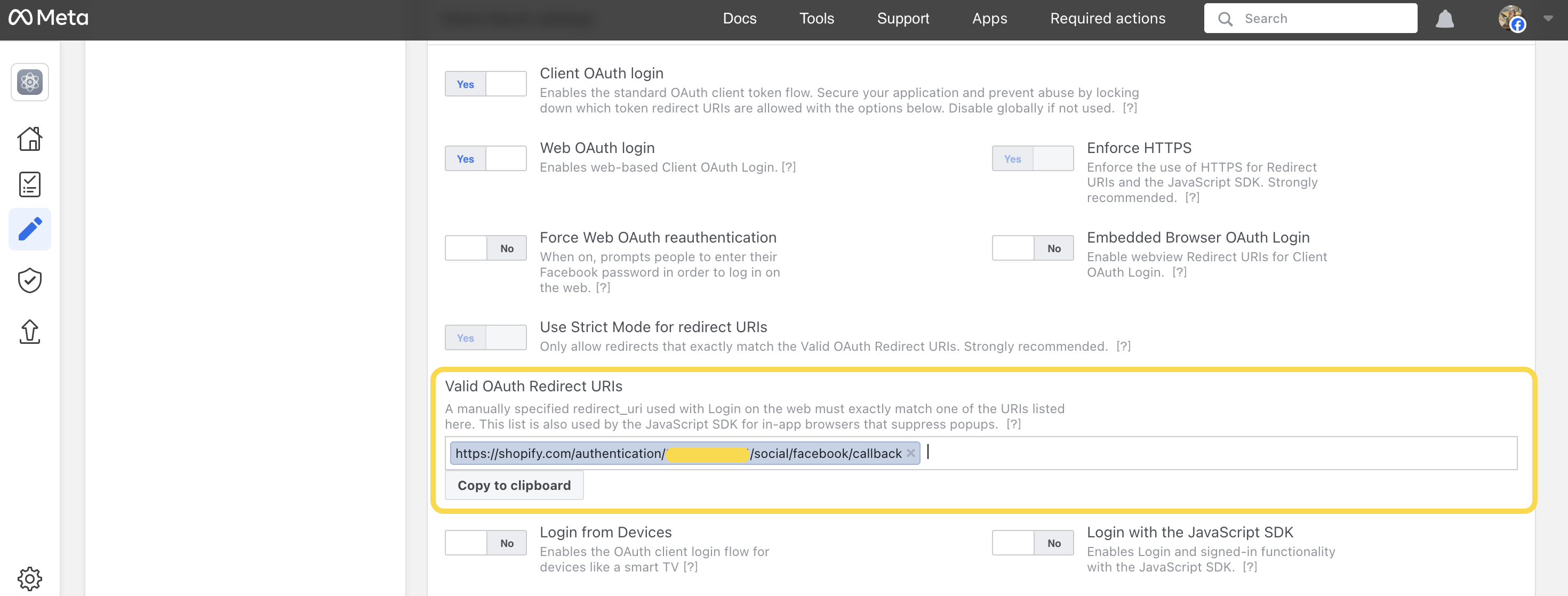 Meta app dashboard - paste the redirects URLS - Facebook social sign-in