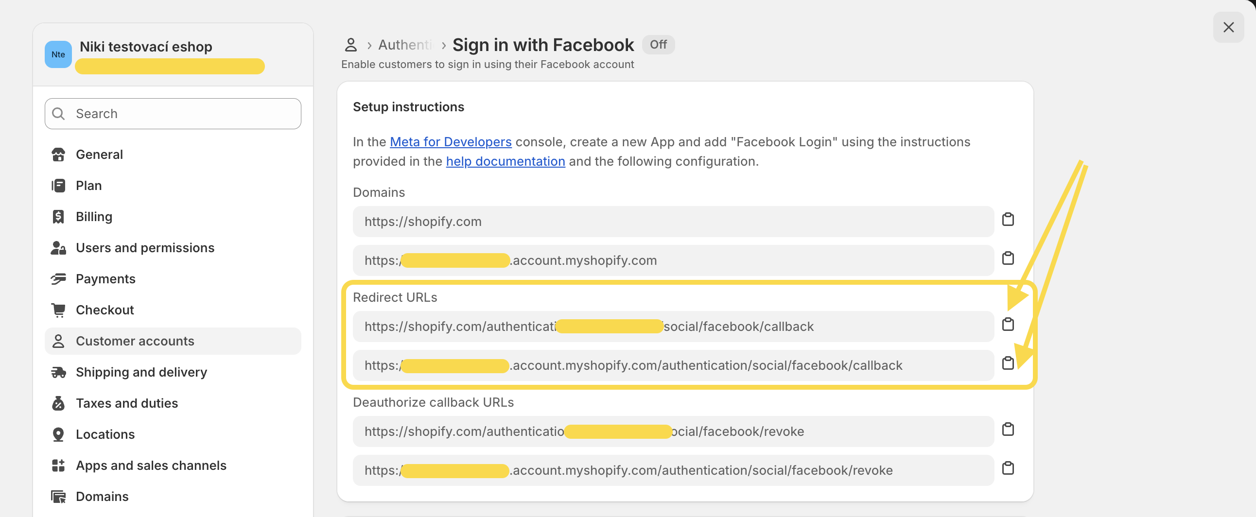 Shopify admin - copy the redirects URLS - Facebook social sign-in