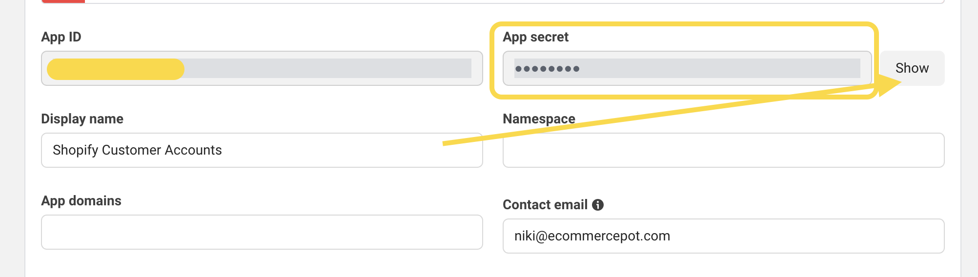Meta app dashboard - Basic settings App Secret