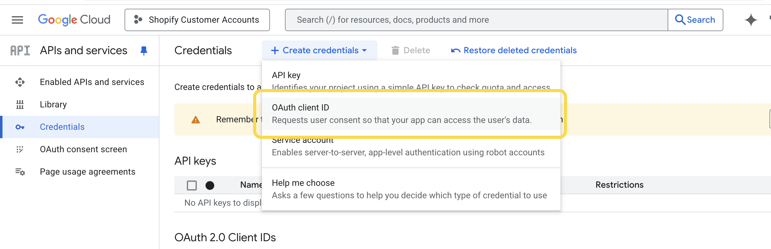 Select OAuth client ID to create