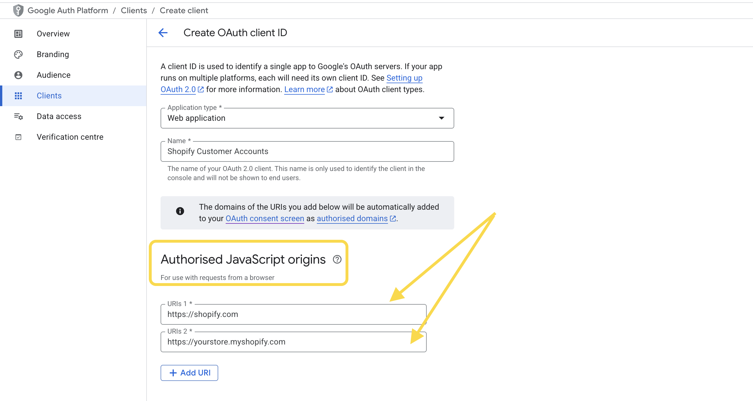 Add the Authorized JavaScript origins values - if more values are available in your Shopify admin, Google Sign in page