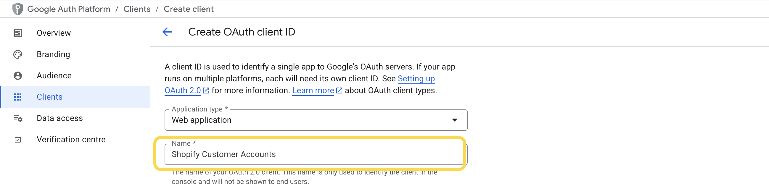 Name your web application in Google Cloud Console