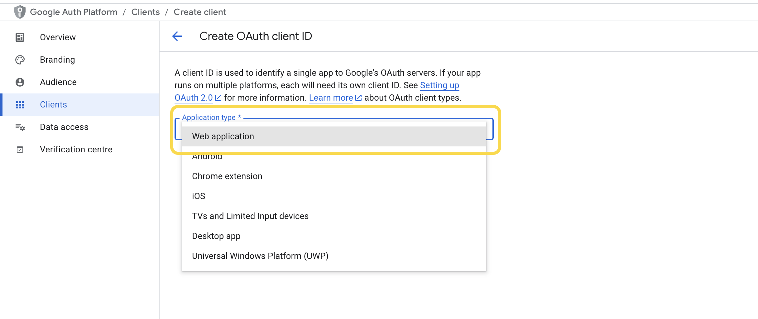 Select Web application from the drop-down menu