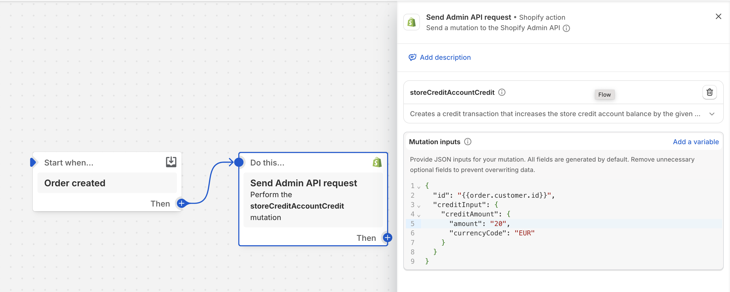Assign store credits to a customer using Send Admin API request action in Shopify Flow
