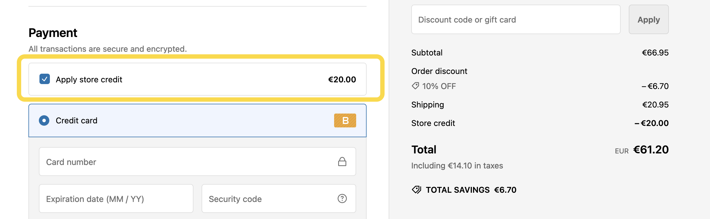 Store credits as a payment method at checkout