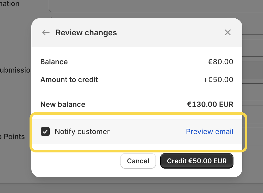 Store credits notification available in Shopify