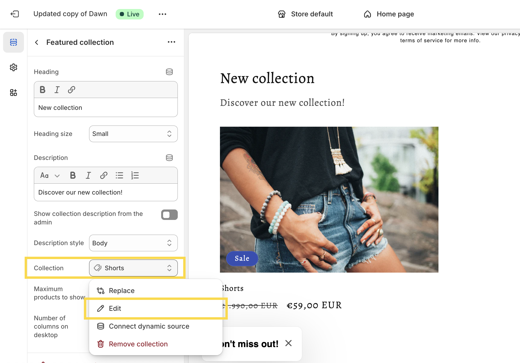 Clicking Edit in the theme editor to update data details