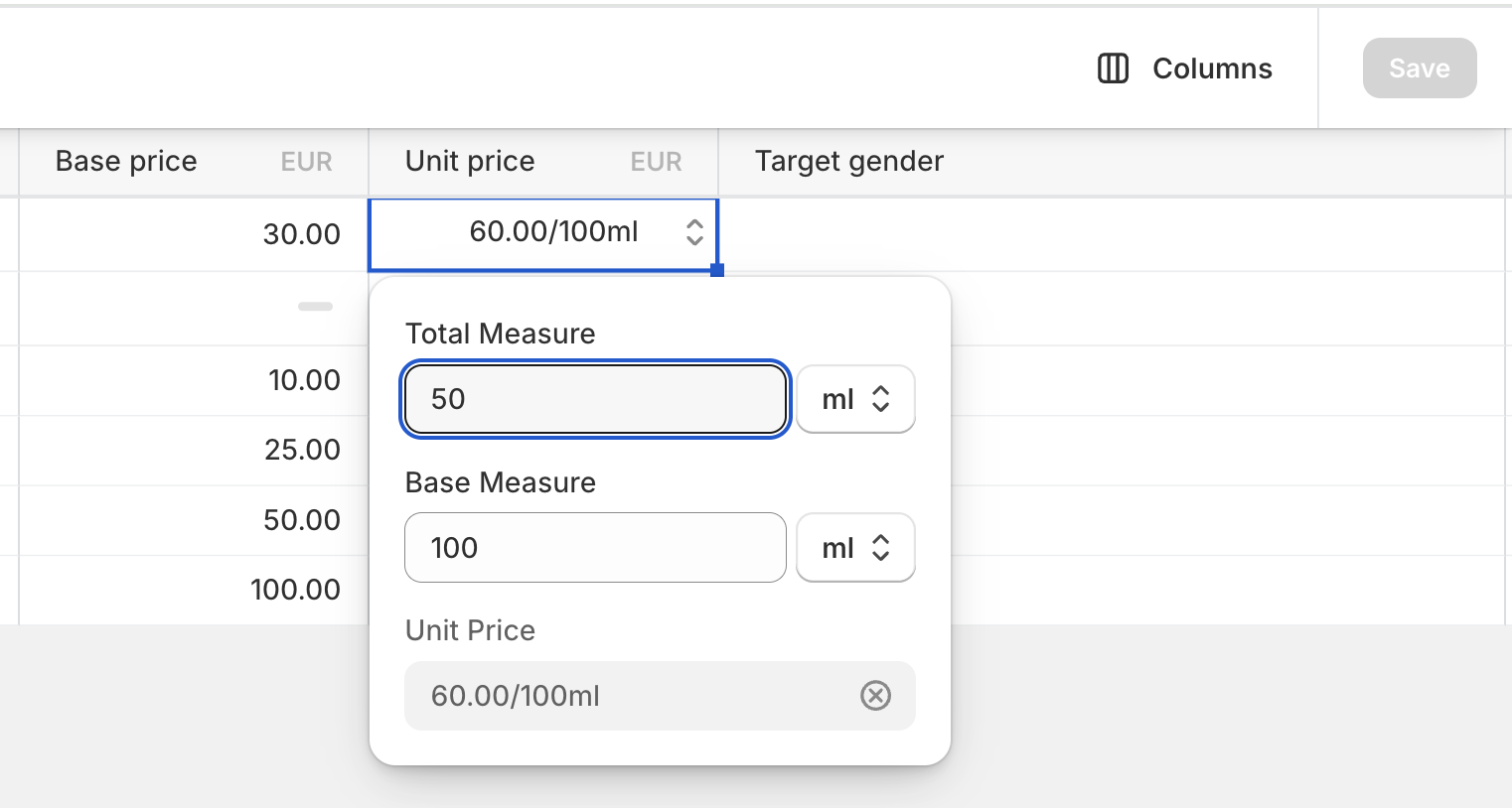 Adding a unit price for products using the bulk editor in Shopify