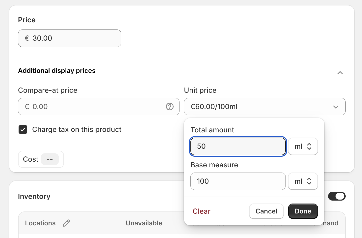 Adding a unit price for a product in the Shopify admin