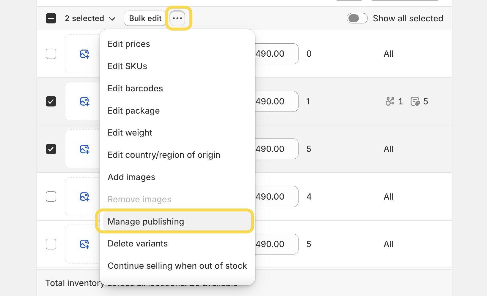 Select a variant that needs to be unpublished on Shopify