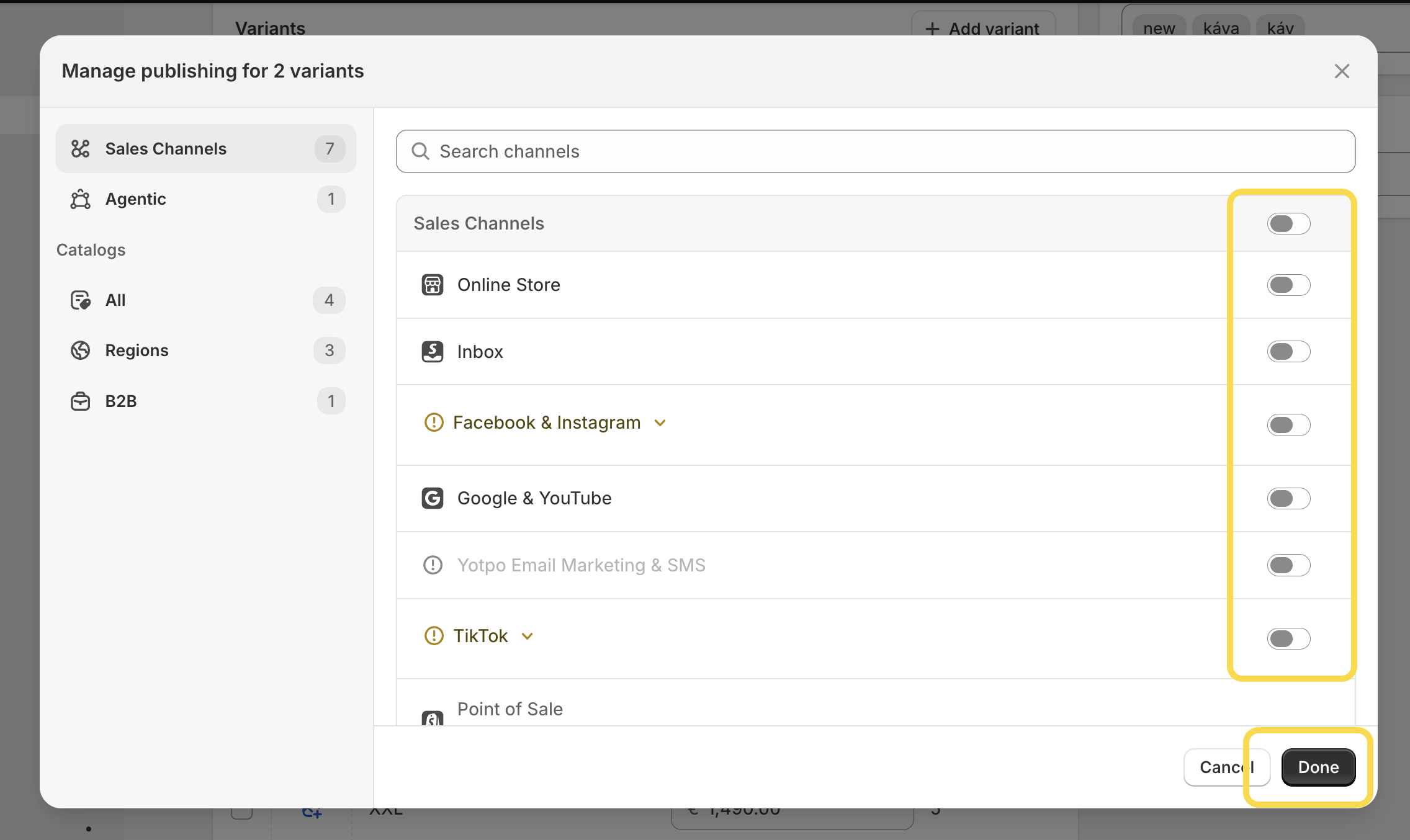 Unpublish product variants from sales channels or cataloguesr