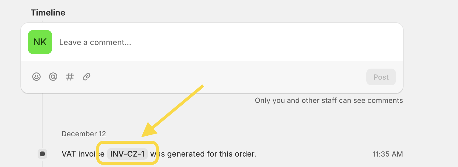 Download the VAT invoice from the order detail in the timeline